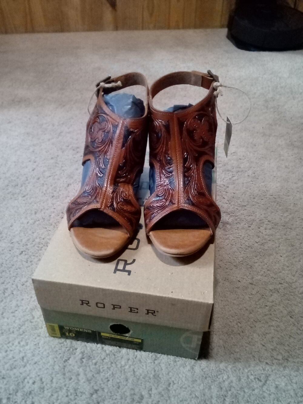 NIB Roper Mika II Tooled Leather Tan Floral 09-021-0946-2728 Open Toe Sz10